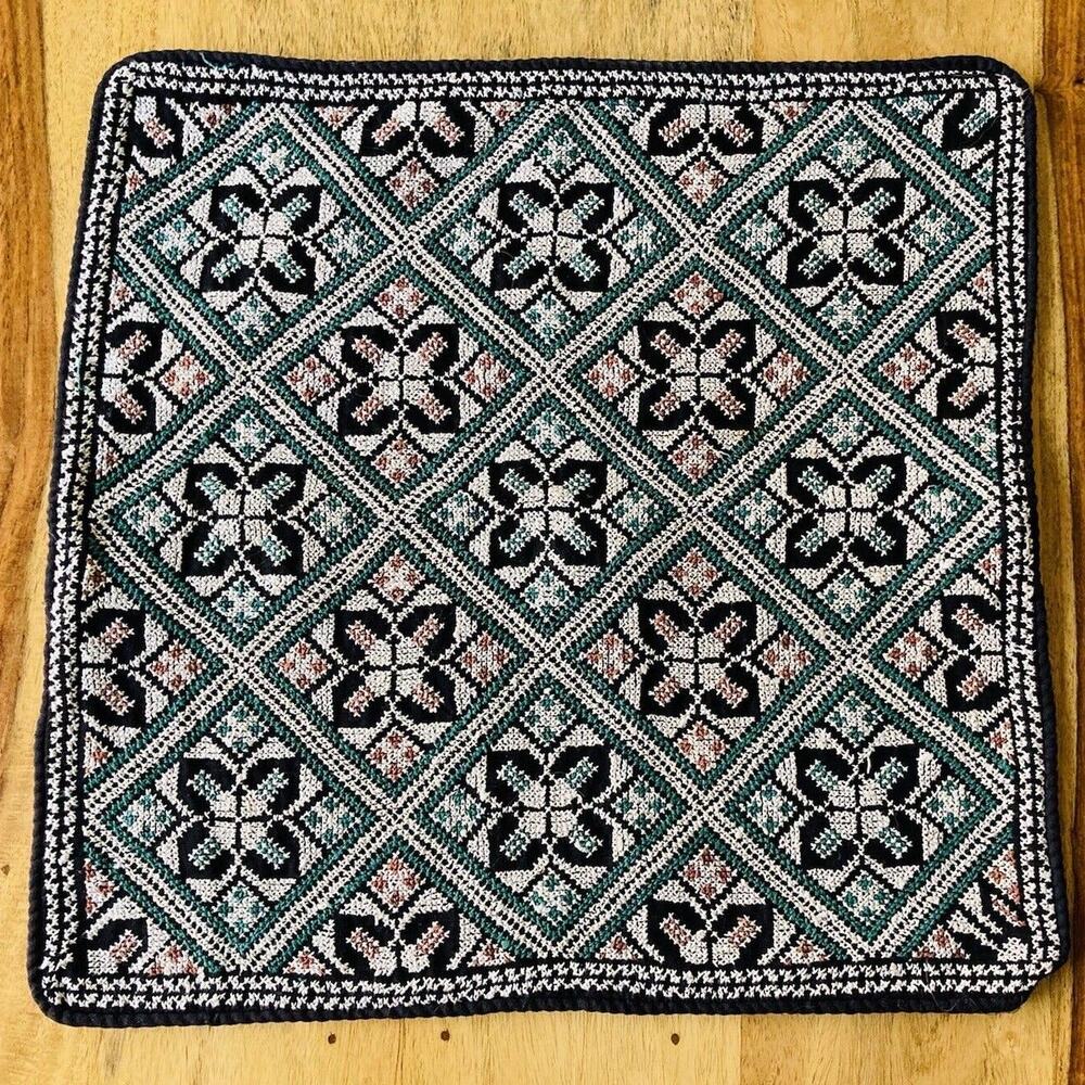 Vintage Completed Needlepoint Geometric Flower Pillow Black Green Embroidery CS